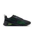 Men's black low-top running shoes with green stripe overlays and visible air unit