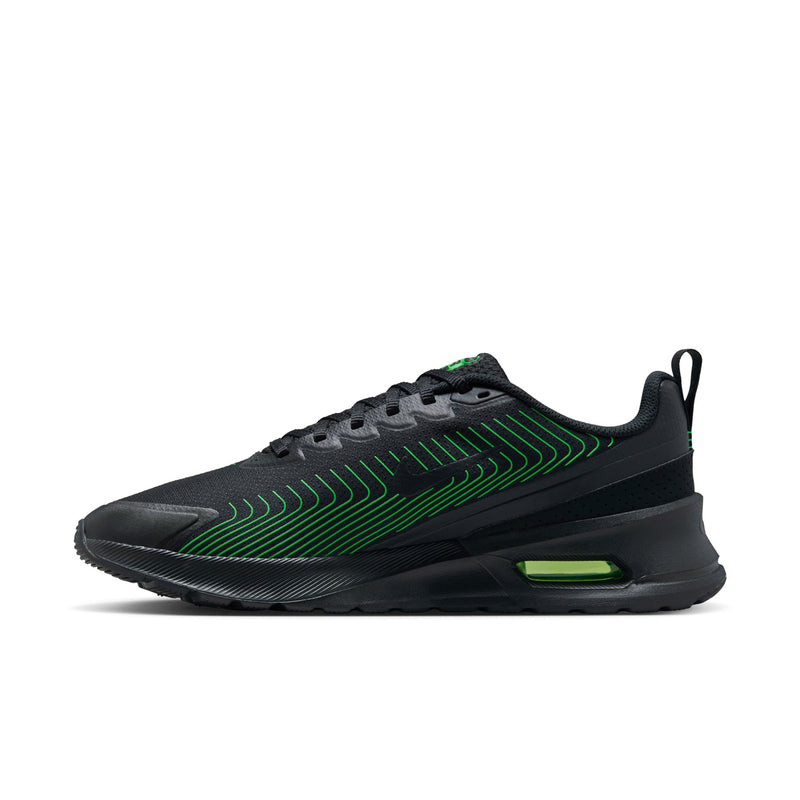 Men's black low-top sneakers with green stripe graphics and side air window