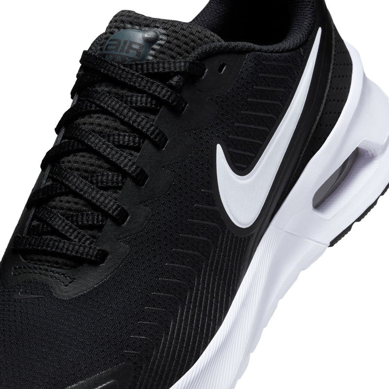 Men's Air Max NuAxis sneakers, black upper detail with white swoosh and lace panel.