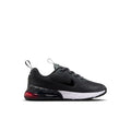 Kids' black running shoe with red heel air unit and white midsole