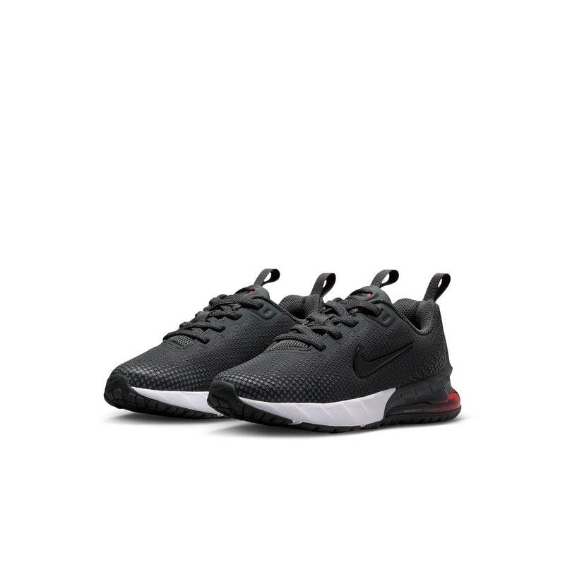 Kids' black lace-up sneaker with mesh texture, white midsole, and red accents