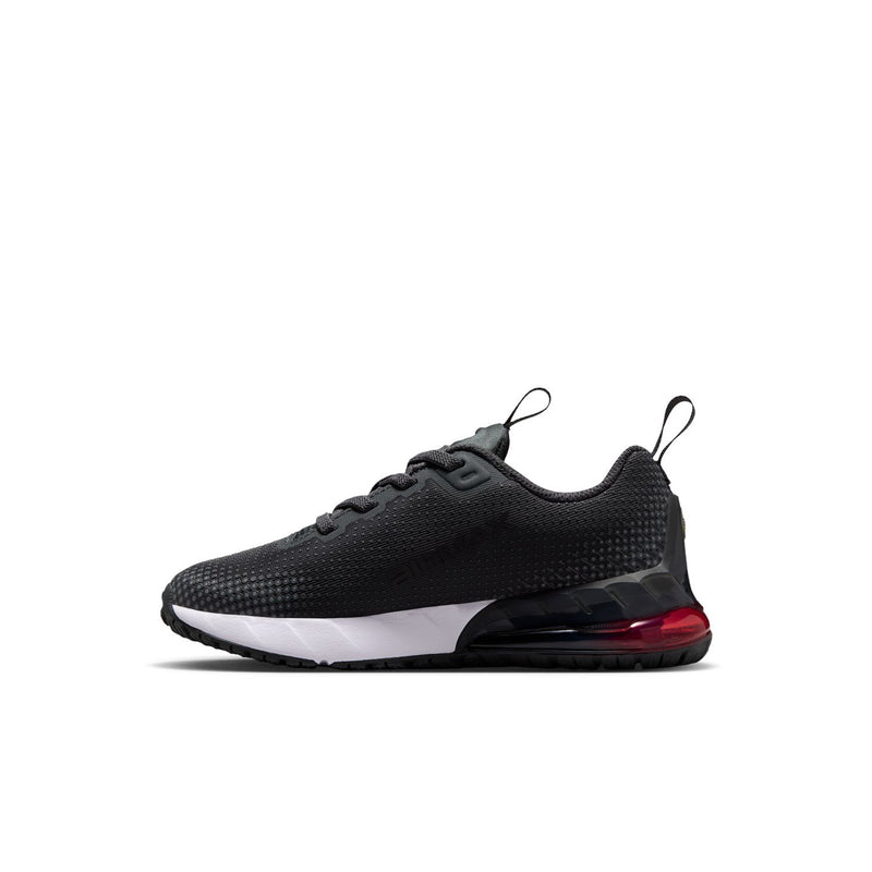 Kids' black lace-up running shoe with white midsole and red-tinted heel