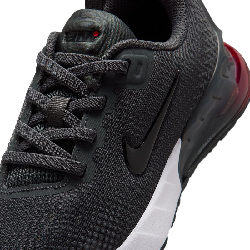 Kids' black mesh upper with lace-up front and swoosh-style logo, gray lining