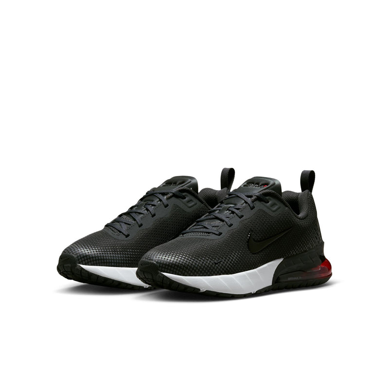 Youth black lace-up sneakers with white midsole and red-accented Air heel