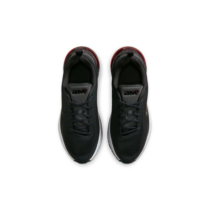 Youth pair of black sneakers, rear view with Air logo on heel