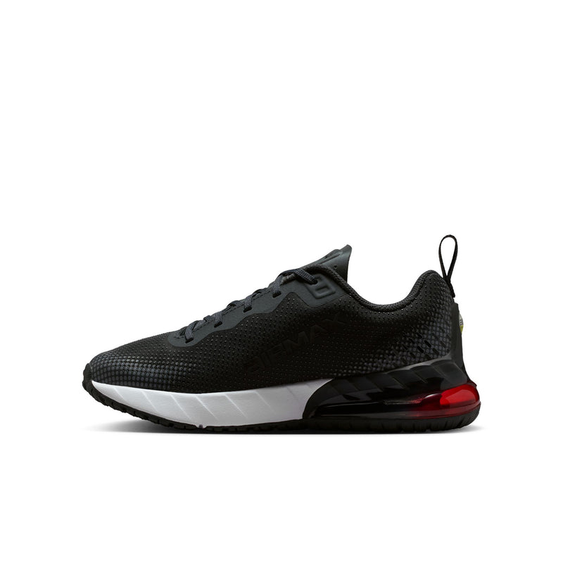 Youth black lace-up running shoe with white sidewall and red heel accent