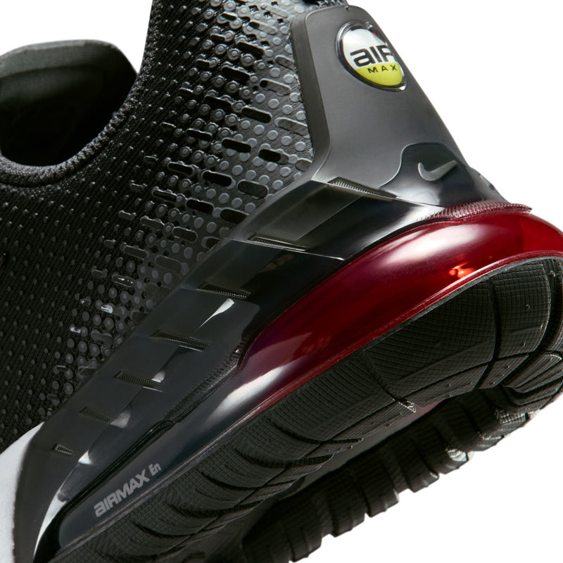 Youth sneaker side detail with Air logo and red translucent heel window