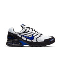 Men's running shoes, white mesh upper with black overlays and blue Swoosh
