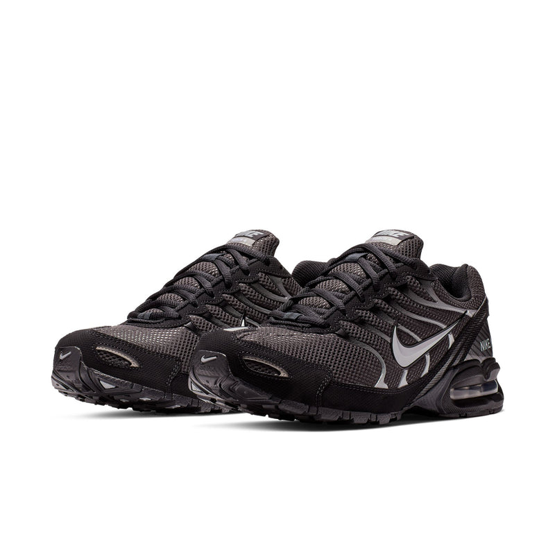 Men's dark black Nike Air Max running shoes, front view with silver Swoosh and laced mesh upper