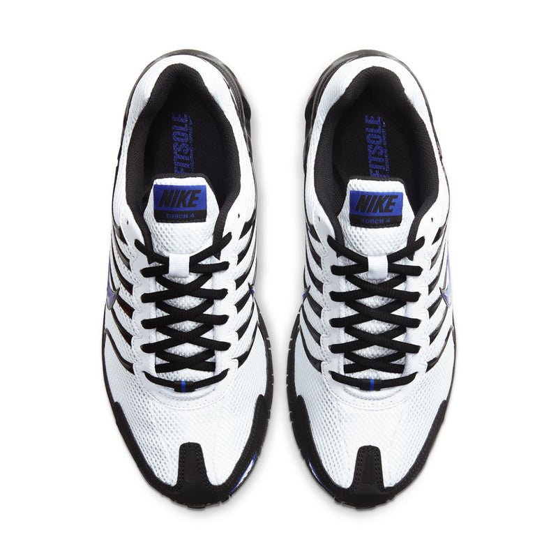 Men's running shoes viewed from above, white uppers with black laces and blue accents