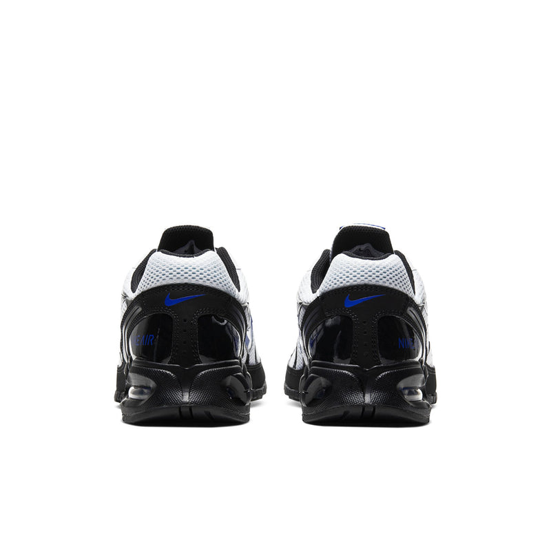 Men's running shoes heel view, black rear with white collar and blue Swoosh