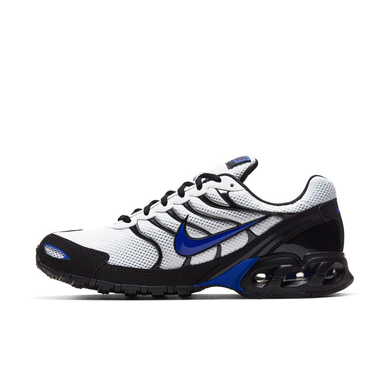Men's running shoes side view, white mesh, black panels, blue Swoosh, Air unit