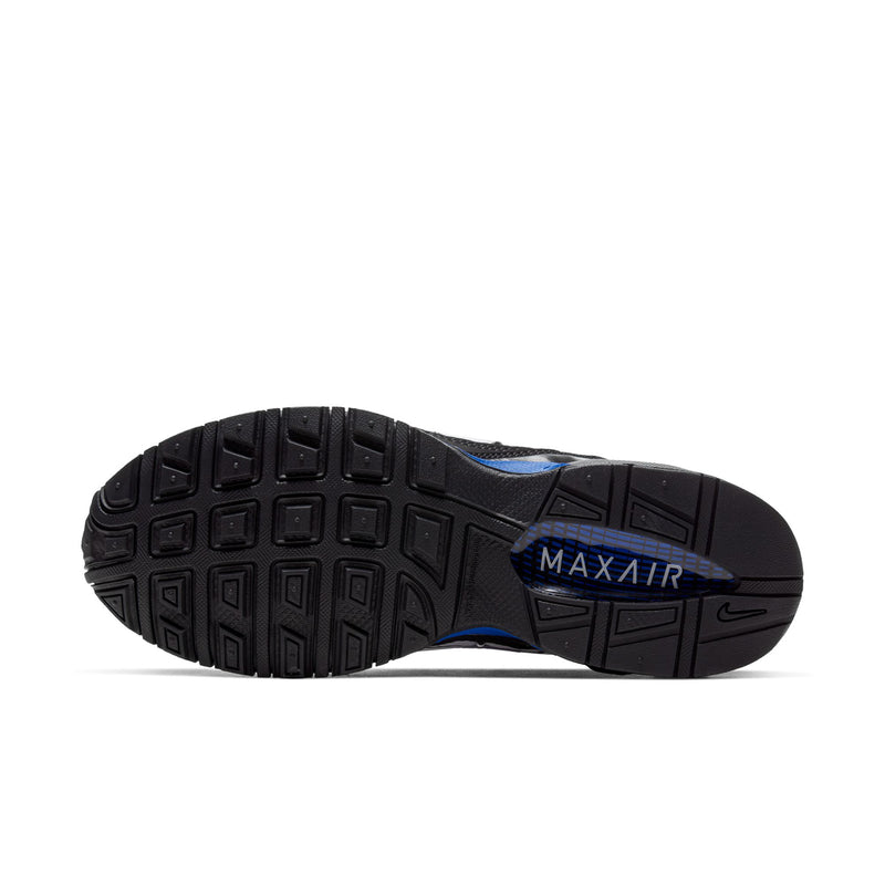 Men's running shoes outsole, black tread with blue MAX AIR logo