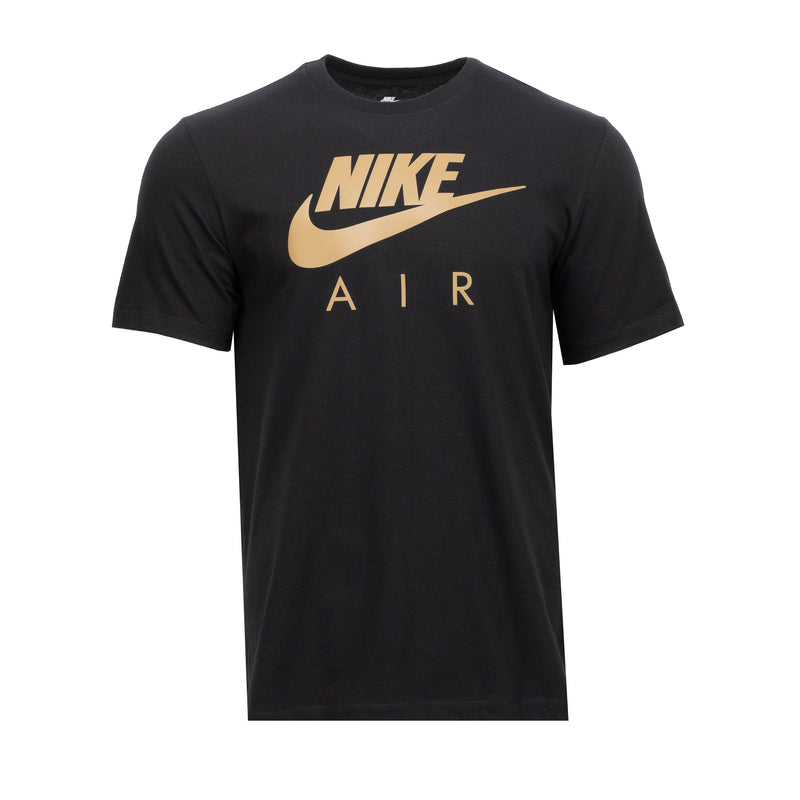 Men's black reflective tee with gold Nike swoosh and AIR lettering