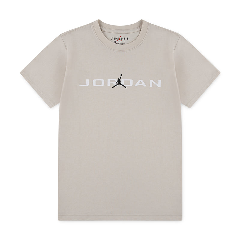 Youth crew neck t-shirt in light brown, front Jordan graphic
