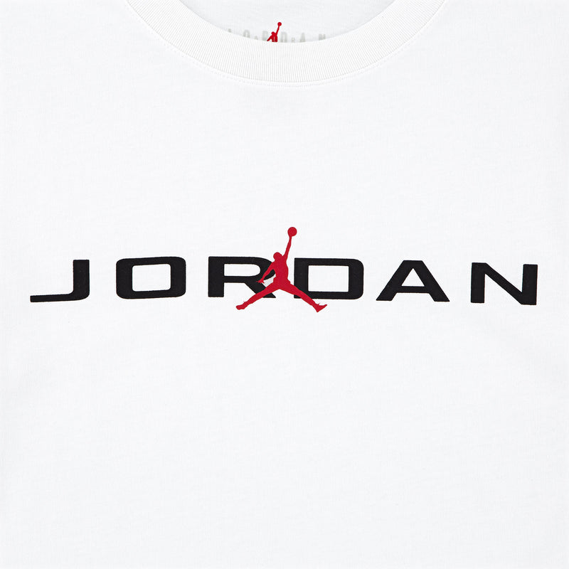 Youth white crew-neck T-shirt close-up of Jordan logo
