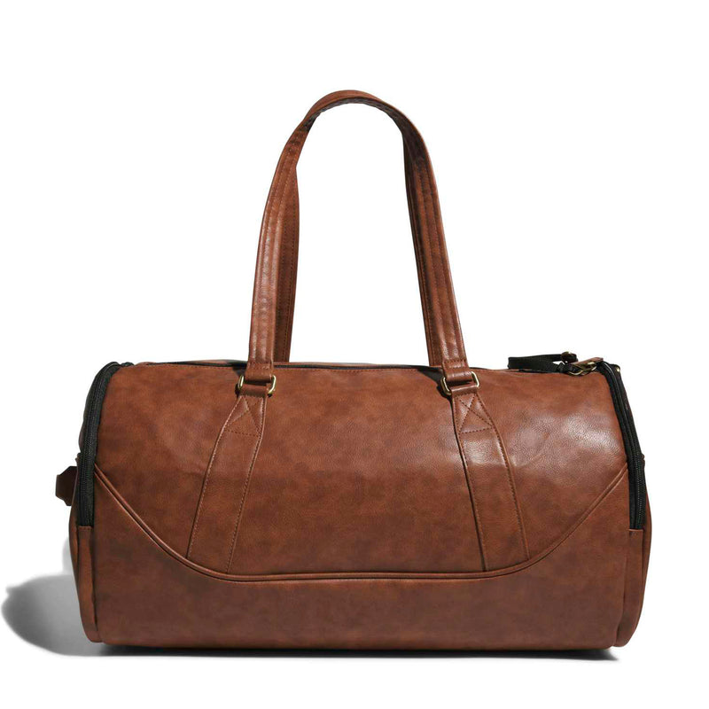 Brown duffel bag with top handles and front curved panel stitching