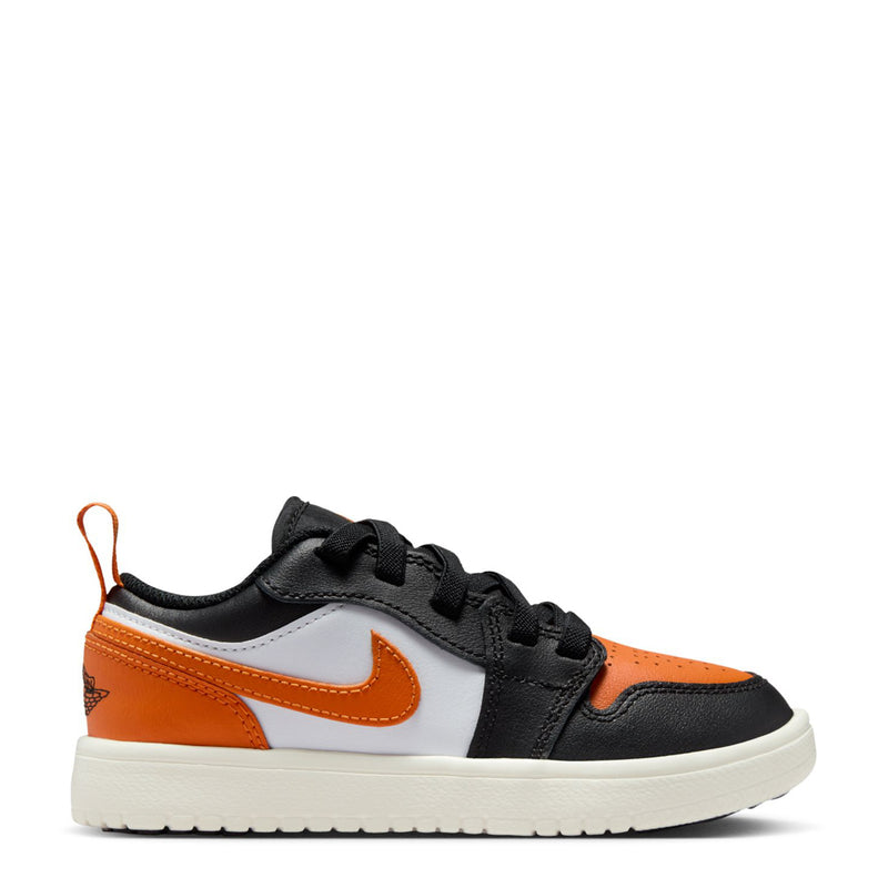 Kids low-top sneakers, black with orange and white Swoosh