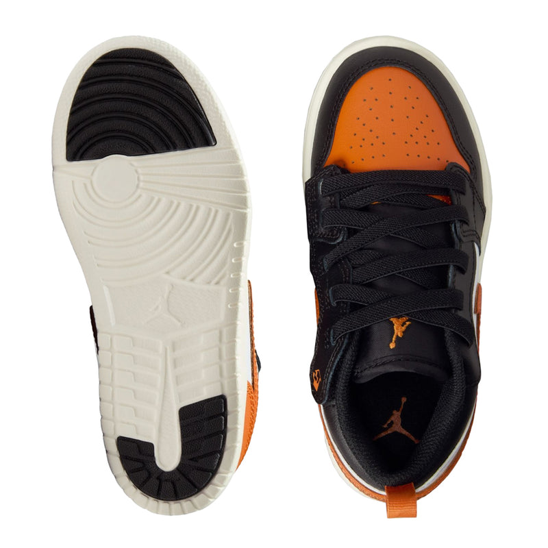 Kids low-top sneakers outsole view, white tread with orange edge and black tread details