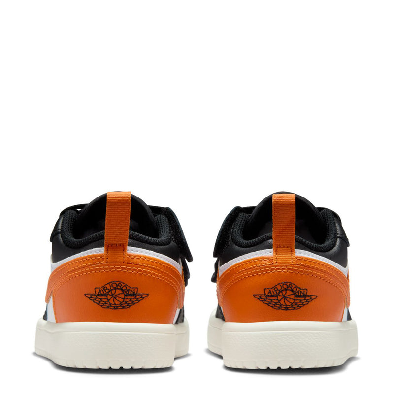 Kids low-top sneakers heel view, black and orange heel tabs with white midsole