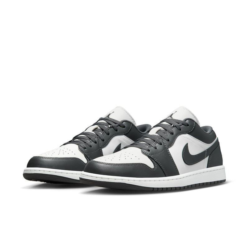 Pair of low-top sneakers in dark gray and white, side profile and lace-up closure