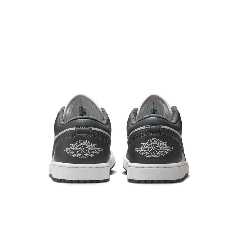 Back view of low-top sneakers in dark gray with Air Jordan logo on heel