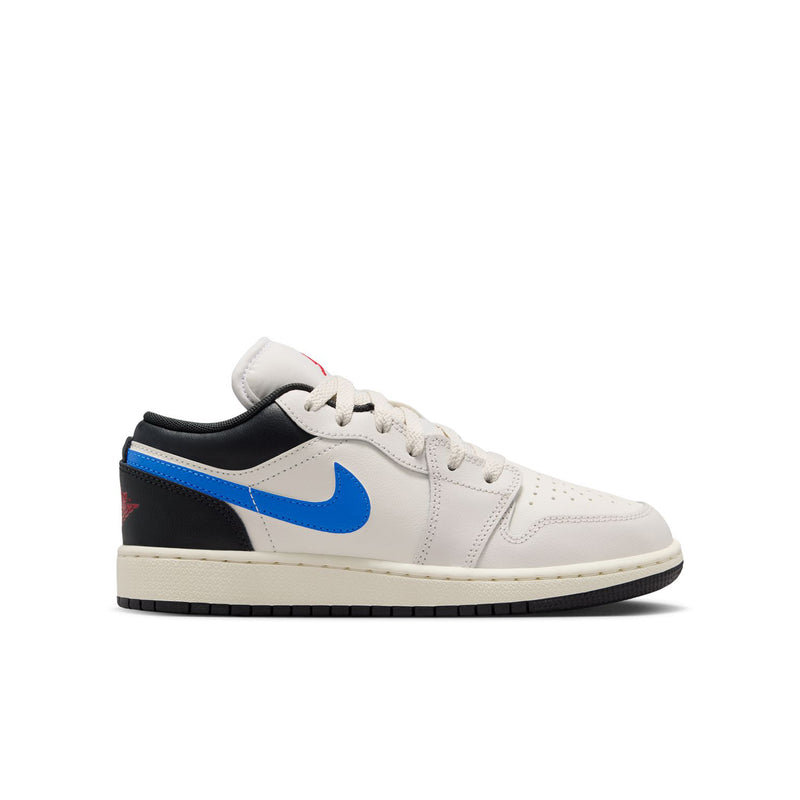 Youth low-top sneakers, white leather with blue Swoosh and black paneling, red accents