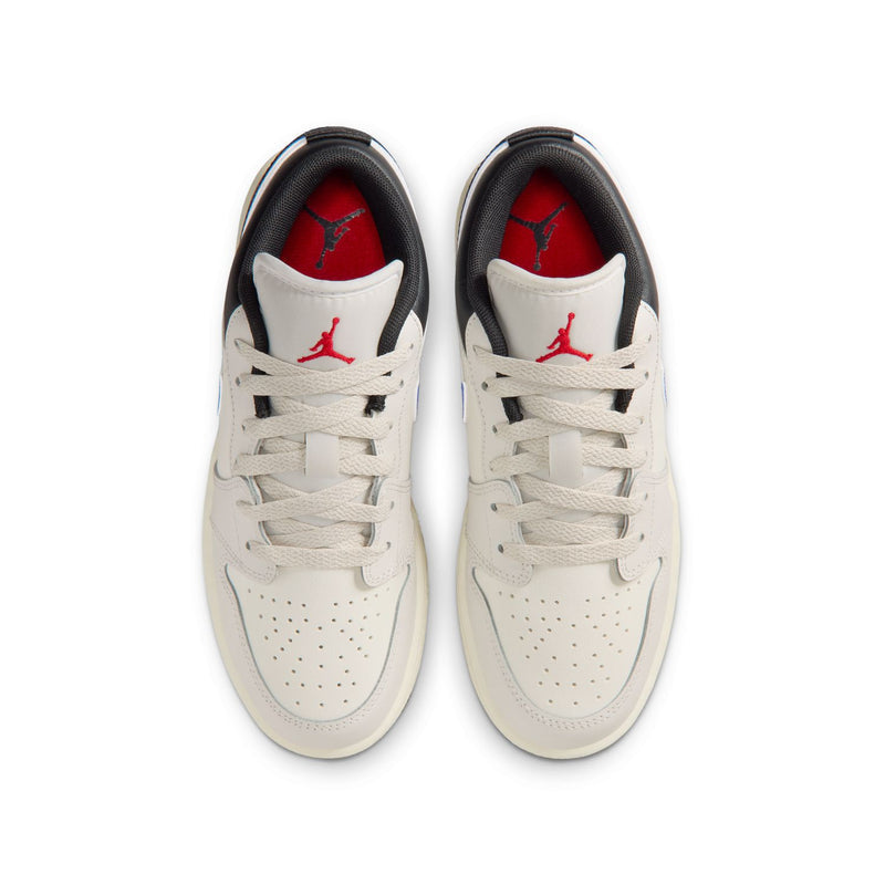 Youth low-top sneakers, white laces and tongue with red Air Jordan logo lining