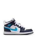 Kids' high-top sneakers in navy, white, and light blue with lace-up front