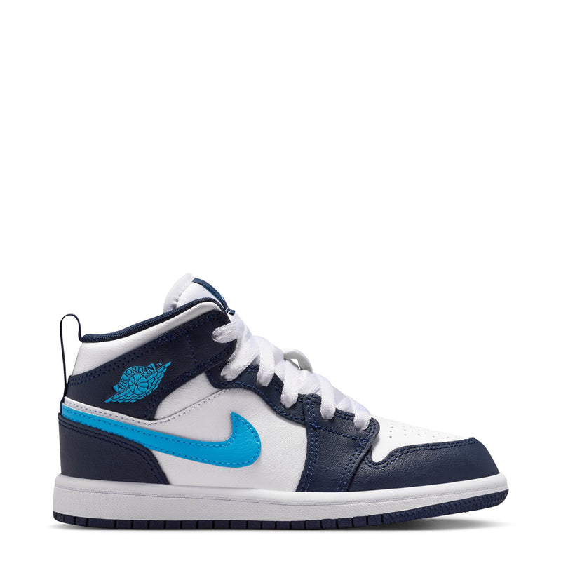 Kids' high-top sneakers in navy, white, and light blue with lace-up front