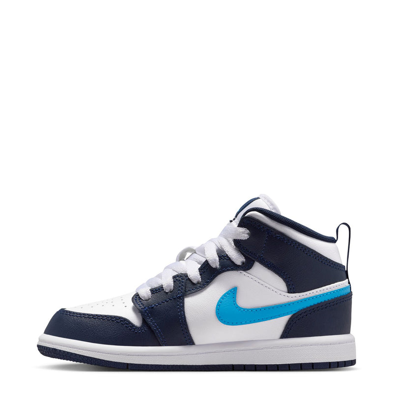 Kids' mid-top sneakers in navy and white with a light-blue swoosh side panel