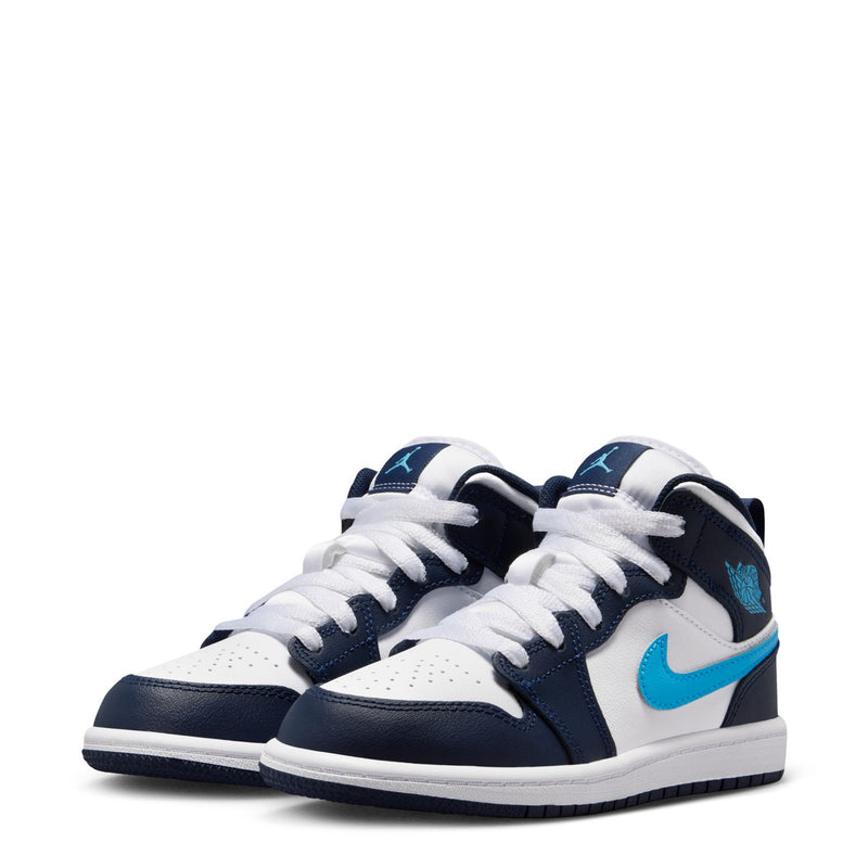 Pair of kids' high-top sneakers with navy panels, white uppers, and light-blue accents
