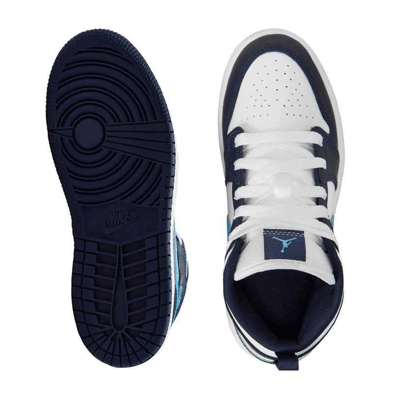 Kids' sneakers sole and toe view in navy with white toe and lace-up collar