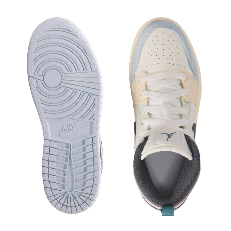 Kids AJ 1 Mid sneaker outsole and underside view, light gray tread with Nike logo