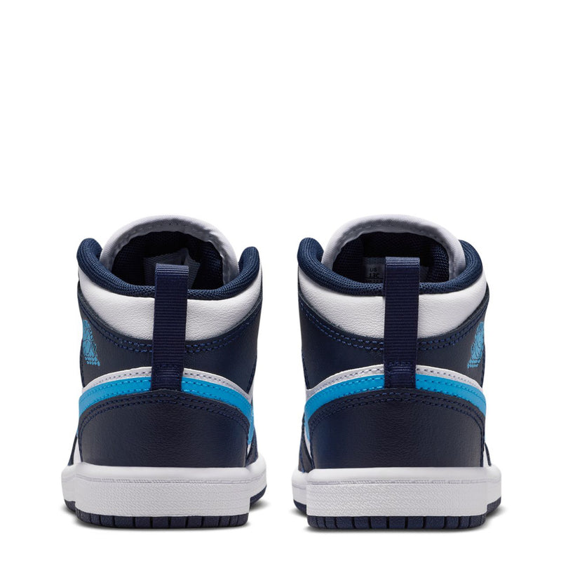 Kids' heel view of navy-and-white sneakers with a light-blue side band