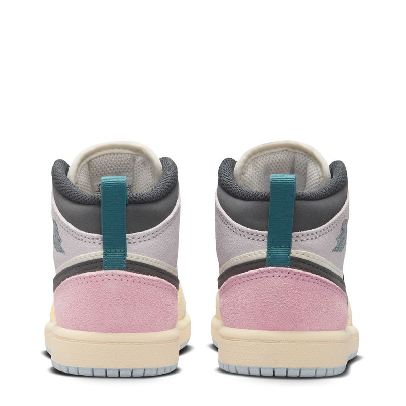 Kids AJ 1 Mid sneaker back view, teal pull tab, pink heel panel, gray collar
