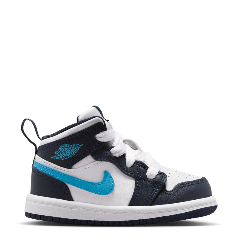 Toddler mid-top sneakers, white leather with navy panels and light blue swoosh