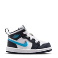 Toddler mid-top sneakers, white leather with navy panels and light blue swoosh