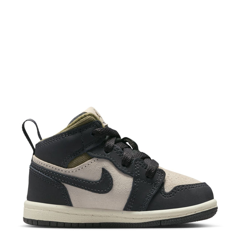 Toddler mid-top sneakers in black, off-white & olive, lace-up with swoosh