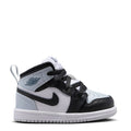 Toddler mid-top sneakers in white, black, and dark gray with black laces and swoosh
