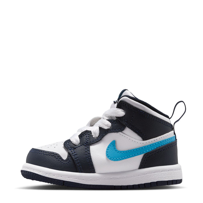 Toddler mid-top sneakers in navy, white and light blue with lace-up front
