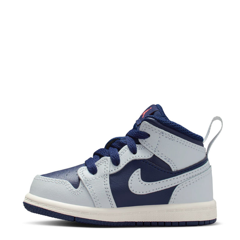 Toddler mid-top sneakers, blue and white with navy swoosh, lace-up closure, Air Jordan logo