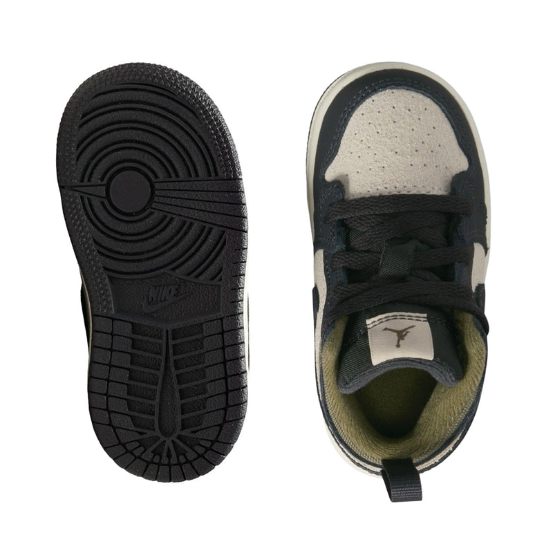 Toddler sneakers soles and heel interior, black tread with olive-lined collar