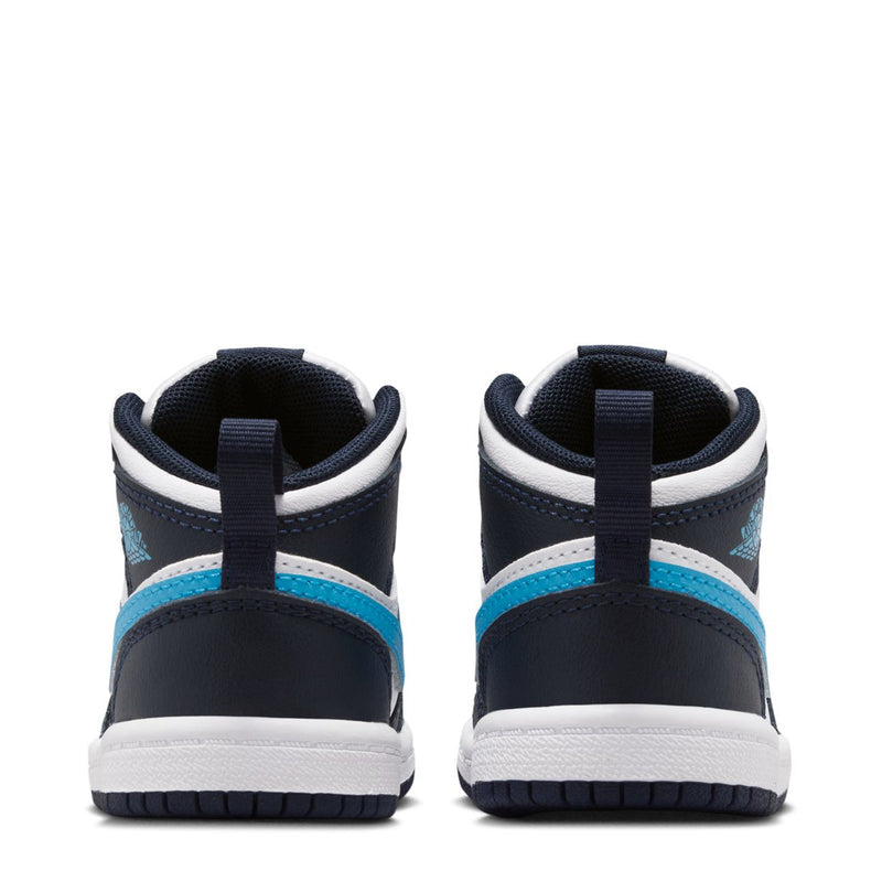 Toddler sneaker heels, navy and white leather with light blue stripe and lace loops