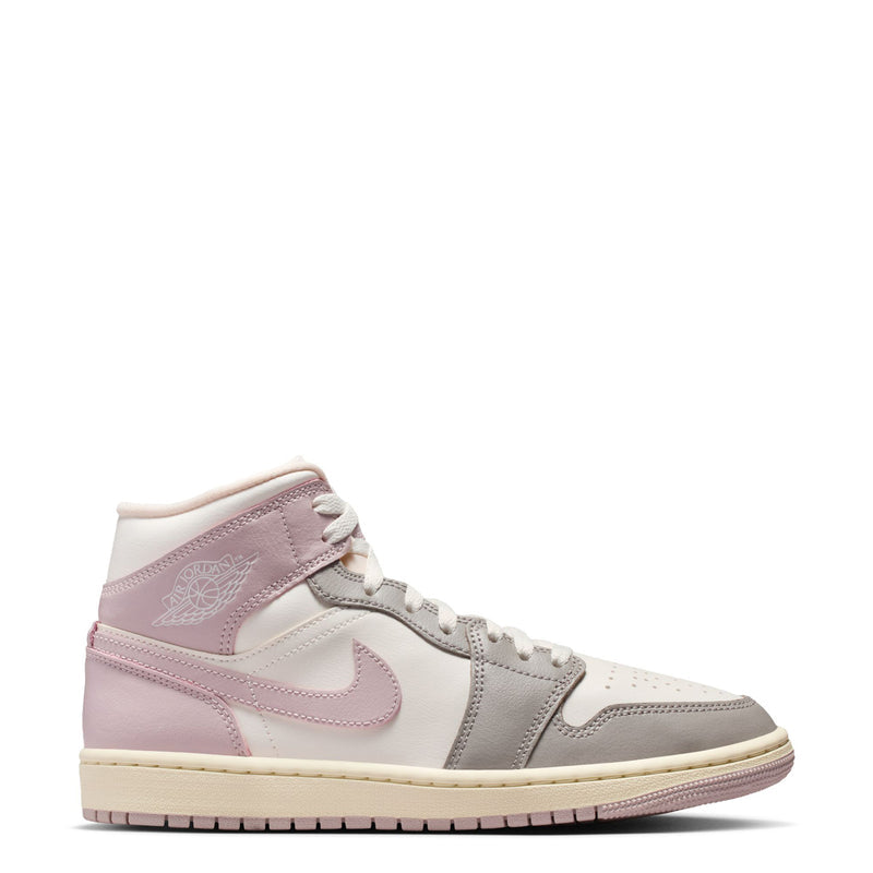 Women's AJ 1 Mid sneakers in sail, pale pink, and gray with high-top ankle design