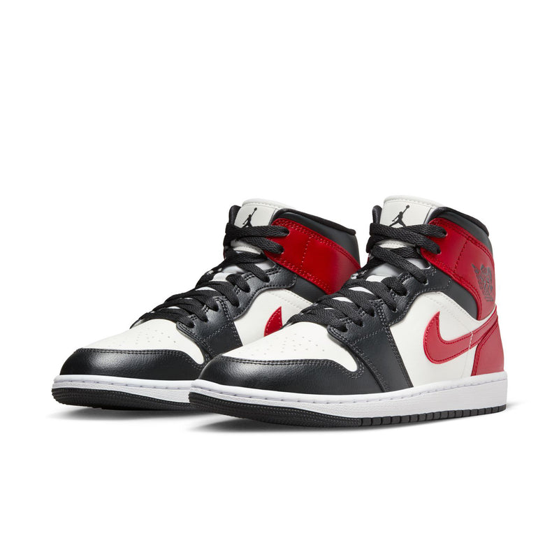 Women's Air Jordan 1 Mid sneakers, side view in red, white and black with swoosh