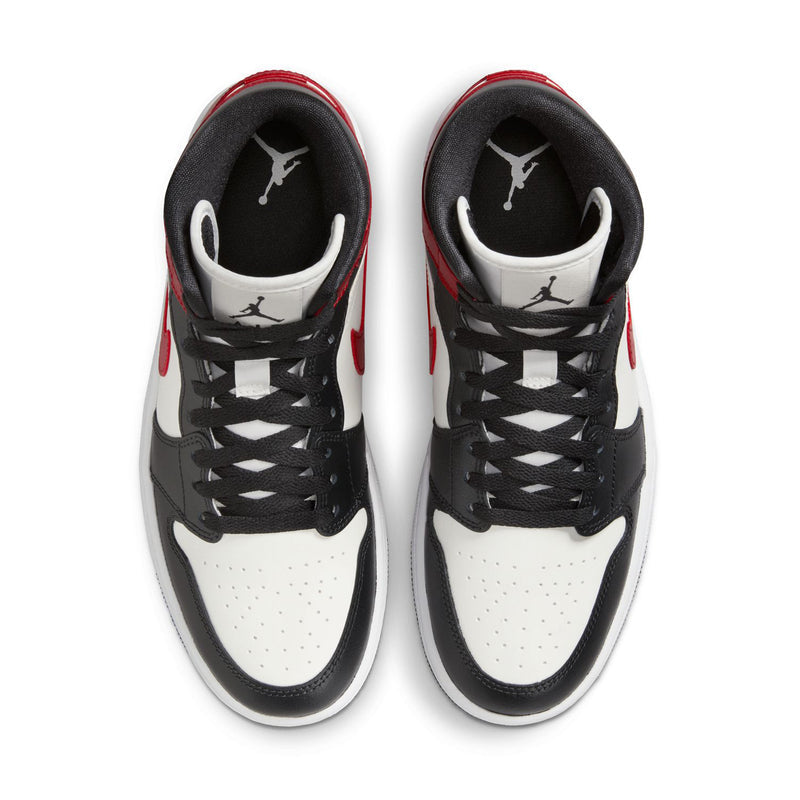 Women's Air Jordan 1 Mid sneakers, front view with black laces and red accents
