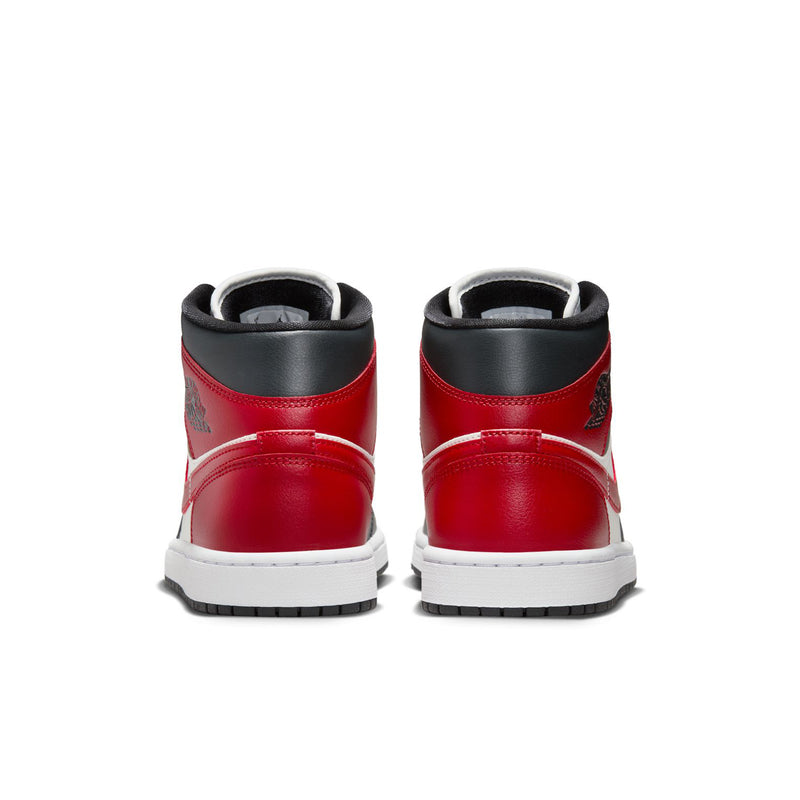Women's Air Jordan 1 Mid sneakers, heel view with red leather and black collar