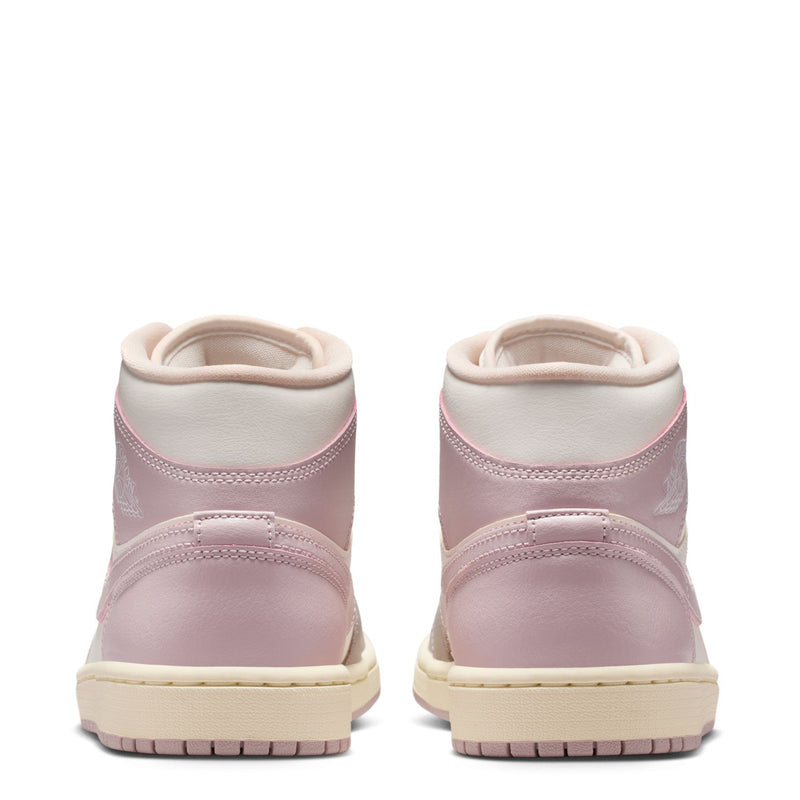 Women's AJ 1 Mid sneakers heel view in sail with pale pink leather and cream sole