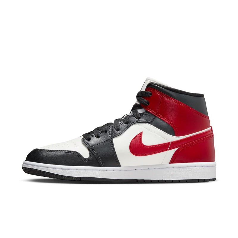 Women's Air Jordan 1 Mid sneakers, angled side view in red, white and black
